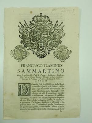 Francesco Flaminio Sammartino conte d'Aglie'. dovendo noi. rinnovare al pubblico l'annuale conseg...
