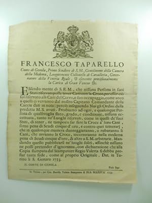Francesco Taparello conte di Genola. Essemdo mente di S. R. M. che nissuna persona in suoi Stati ...