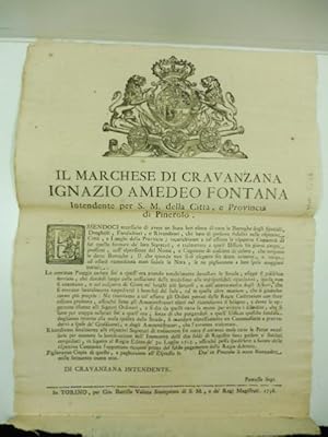 Il marchese di Cravanzana Ignazio Amedeo Fontana intendente per S. M. della citta' e Provincia di...