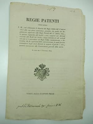 Regie patenti colle quali S. M. nel richiamare il disposto del Regio editto del 15 marzo 1816 all...