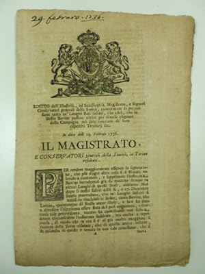 Editto dell'Illustriss. ed Eccellentiss. Magistrato e Signori Conservatori generali della sanita'...