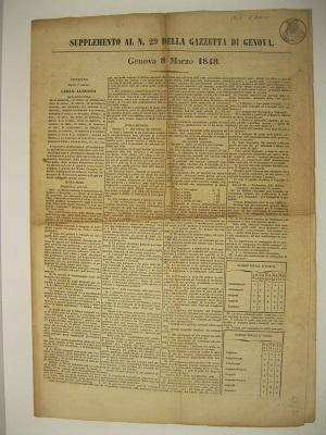 Supplemento al n. 29 della Gazzetta di Genova. Genova 8 marzo 1848. Premendoci di provvedere all'...