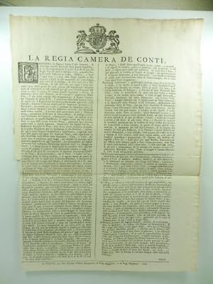 La Regia Camera de Conti. Essendoci da Signori Conte Carlo Antonio & Giuseppe fratelli Bormioli s...