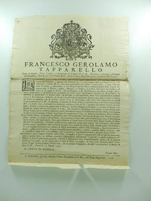 Francesco Gerolamo Tapparello conte di Genola. e generale delle cacce. Essendo mente precisa di S...