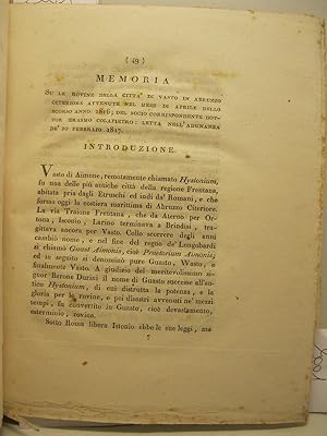 Memoria su le rovine della citta' di Vasto in Abruzzo citeriore avvenute nel mese di aprile dello...