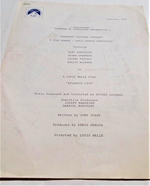 Imagen del vendedor de Atlantic City: Preliminary Handbook of Production Information (February 1981) (Motion Picture Movie Film) a la venta por Bloomsbury Books