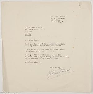 Typed Letter Signed to Miss Eileen M. Cond, (D'Arcy, 1917-1967, Australian Novelist and Short-Sto...