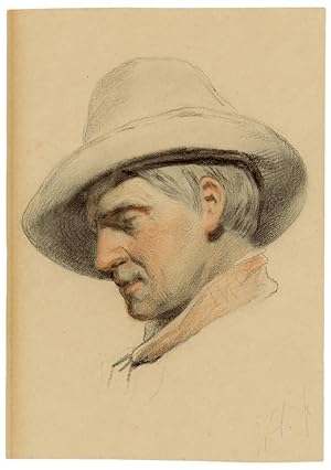 Bildniskopf eines Mannes mit Hut, nahezu im Profil nach links und leicht nach unten geneigtem Kopf.