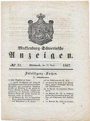 Bild des Verkufers fr Mecklenburg-Schwerinsche Anzeigen 1867 zum Verkauf von Antiquariat Christian Wulff