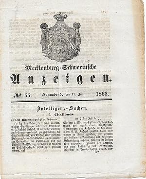 Bild des Verkufers fr Mecklenburg-Schwerinsche Anzeigen 1863 zum Verkauf von Antiquariat Christian Wulff