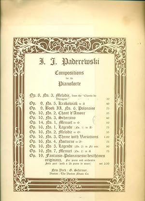 Imagen del vendedor de PADEREWSKI: COMPOSITIONS FOR THE PIANOFORTE: Op. 8, No. 3: MELODIE from the "Chants Du Voyageur" (Schirmer, No. 26755) a la venta por 100POCKETS