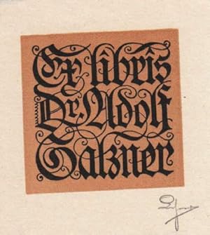 Bild des Verkufers fr Exlibris fr Dr. Adolf Salzner. Zweifarbiger Klischeedruck von Franz Lehrer, Linz a.D., unten rechts mit Bleistift signiert. zum Verkauf von Antiquariat Heinz Tessin