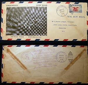 Bild des Verkufers fr 1938 Air Mail Envelope with a Printed Black and White Photographic Birds-Eye View of Greenport, New York By Frey Sent to Mr. H. Warren Stumpf, President State Assoc. Postal Supervisors Jamestown N.Y. Commemorating Air Mail Week. zum Verkauf von Certain Books, ABAA