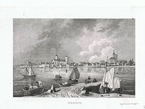 Stralsund Gesamtansicht mit Booten. Lithographie