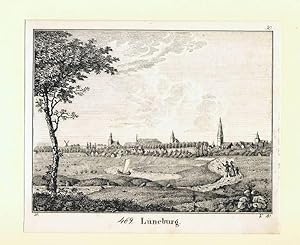 Lüneburg Federlithographie. Gesamtansicht, Panorama der Stadt ,