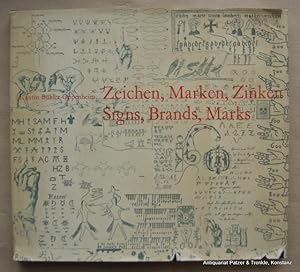 Bild des Verkufers fr Zeichen, Marken, Zinken / Signs, Brands, Marks. Teufen, Niggli, 1971. 21,8 : 24 cm. Mit 129 s/w Abbildungen nach Fotos von Andr Muelhaupt. Deutsch-englischer Paralleltext. 103 S. Or.-Lwd. mit Schutzumschlag; dieser mit mehreren kl. Randeinrissen u. etwas angestaubt. zum Verkauf von Jrgen Patzer