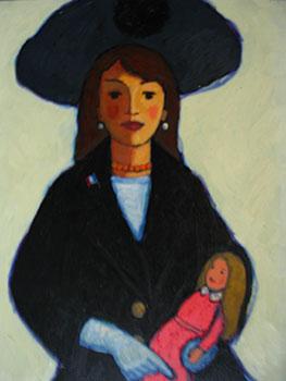 Girl in Blue with Large Hat and Pink Doll.