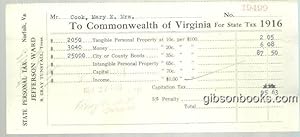 Imagen del vendedor de 1916 STATE PERSONAL TAX BILL TO THE COMMONWEALTH OF VIRGINIA a la venta por Gibson's Books