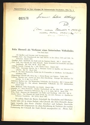 Bild des Verkufers fr Felix Hemerli als Verfasser eines historischen Volksliedes. SeparatAbdruck aus dem Anzeiger fr Schweizerische Geschichte, 1914, No. 4. zum Verkauf von Antiquariat Bookfarm