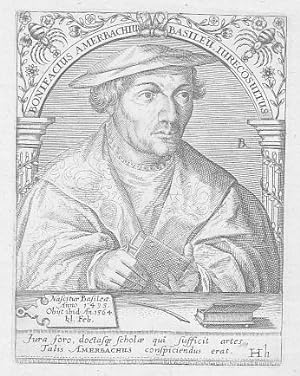 Bild des Verkufers fr Portrt. Halbfigur mit Buch in der Hand unter Torbogen. Kupferstich von "Hh", 14,5 x 10,5 cm, 1620. zum Verkauf von Antiquariat Michael Eschmann