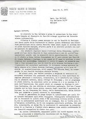 Carta intestata: "Facoltà valdese di teologia" datata "Roma 17.6.1963"