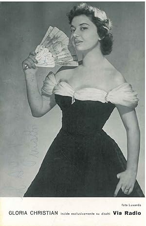 Cartolina illustrata con ritratto di Gloria Christian e dedica autografa e firmata dalla cantante
