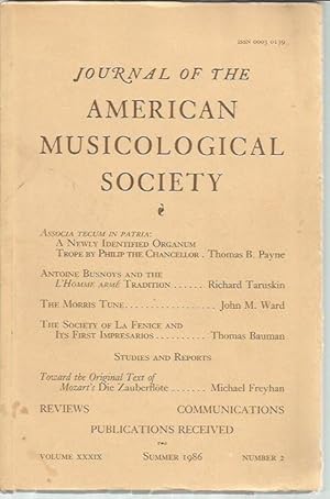 Bild des Verkufers fr Journal of the American Musicological Society Volume XXXIX, Number 2 (Summer 1986) zum Verkauf von Bookfeathers, LLC