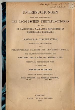 Untersuchungen über die Theilwerthe der Jacobi'schen Thetafunctionen und die im Gauss'schen Nachl...