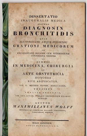 Bild des Verk�ufers f�r Diagnosin bronchitidis. Dissertation. zum Verkauf von Wissenschaftliches Antiquariat K�ln Dr. Sebastian Peters UG