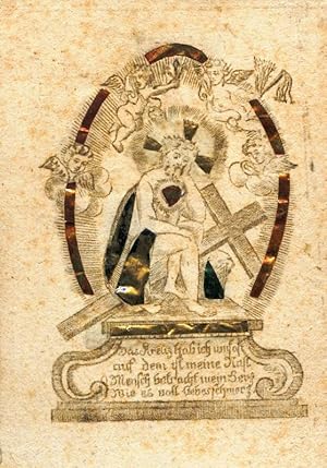 Kupferstich-Spickelbild. Jesus in der Passion auf dem Kreuz sitzend