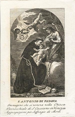 Seller image for Kupferstich. Der Heilige Antonius mit dem Jesuskind im Arm kniet vor einem Engel nieder. for sale by Antiquariat Andreas Grundmann