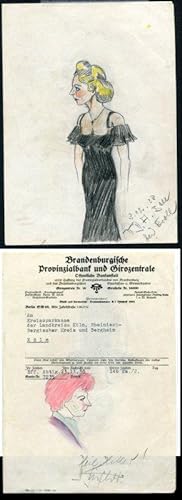 Farbige orig. Handzeichung einer blonden Dame im schwarzen Abendkleid. Handschriftlich betitelt "...