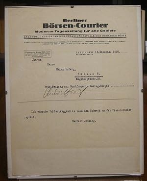 Image du vendeur pour Maschinenschriftlicher Brief auf dem Briefpapier vom Berliner Brsen-Courier an Heinz Ludwig vom 15. Dezember 1927: "Mein Beitrag zur Rundfrage im Montag-Morgen ---- Ich wnsche Pallenberg, da er bald den Schwejk an der Piscatorbhne spielt. Herbert Ihering." Ein Blatt (etwa Din A4) mit Unterschrift in Bleistift (doppelt gefaltet, rechts zwei kleine Einrisse). mis en vente par Antiquariat Dr. Lorenz Kristen