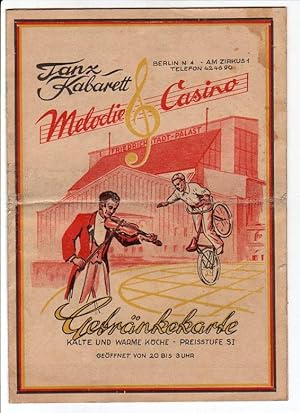 Tanz-Kabarett Melodie Casino. Getränkekarte Doppelfaltblatt (eine Knickfalte, etwas fleckig).