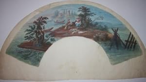 Eighteenth Century Gouache French Fan Design of a Bucolic Island Setting, Young Fisherman, Maiden...