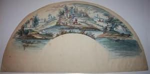 Eighteenth Century Gouache French Fan Design of a Bucolic Scene of Picnickers, with Italianate fa...