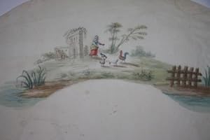 Eighteenth Century Gouache French Fan Design of a Bucolic Scene with a Peasant Woman Feeding Chic...
