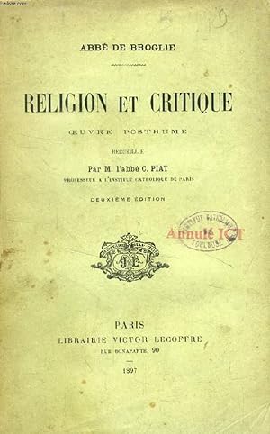 Bild des Verkufers fr RELIGION ET CRITIQUE, Oeuvre Posthume zum Verkauf von Le-Livre