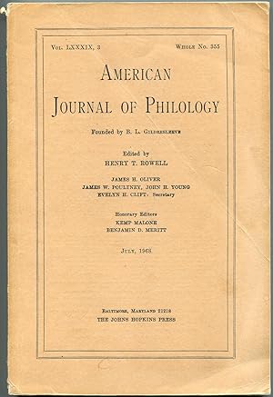 Bild des Verkufers fr American Journal of Philology, Vol. LXXXIX, 3 (July 1968) zum Verkauf von The Green Arcade