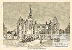 Palace of Fredericksborg. Ansicht vom Haupteingang mit vierspänniger Kutsche und Personenstaffage...