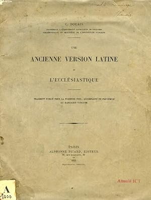 Bild des Verkufers fr UNE ANCIENNE VERSION LATINE DE L'ECCLESIASTIQUE zum Verkauf von Le-Livre