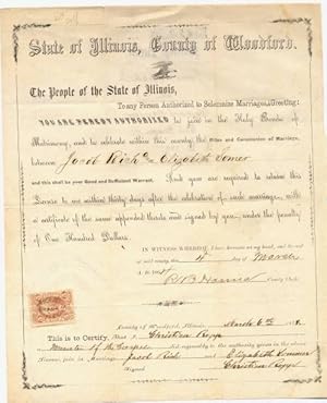 Seller image for [marriage license] State of Illinois, County of Woodford. The Holy Bonds of Matrimony between Jacob Rich and Elizabeth Somer. for sale by Vashon Island Books