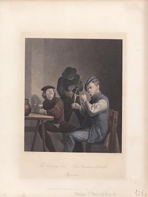 Die Rauchgesellschaft, The smoking Club, altkolorierter Stahlstich um 1850 von Carsle nach Brouwe...