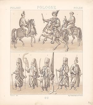 Polen, Pologne, Poland, Lithographie um 1875 mit Darstellung von poln. Uniformen des 17./18. Jhd....