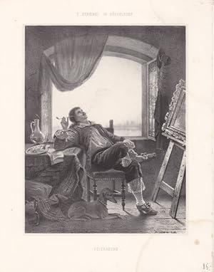 Pfeife am Feierabend, schöne Lithographie um 1850, Blattgröße: 25,8 x 20,3 cm, reine Bildgröße: 2...