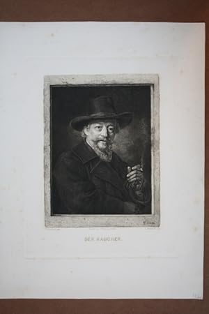 Der Raucher, Radierung 1898 von L. Friedrich nach C. Bertling, Blattgröße: 40,8 x 30,5 cm, reine ...
