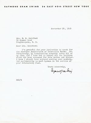 TYPED LETTER SIGNED by RAYMOND GRAM SWING a Broadcaster who was a leading voice during World War II.