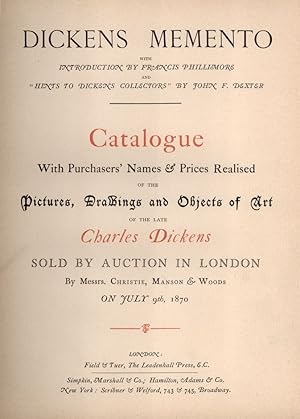 Dickens Memento. Catalogue with purchasers' names & prices realised of the pictures, drawings and...