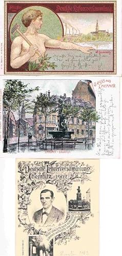 Chemnitz, 3 Postkarten: Gruss aus Chemnitz, Saxonia Brunnen / Deutsche Lehrerversammlung Chemnitz...