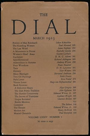 Bild des Verkufers fr The Dial, March 1923 Volume LXXIV, Number 3 zum Verkauf von Good Books In The Woods